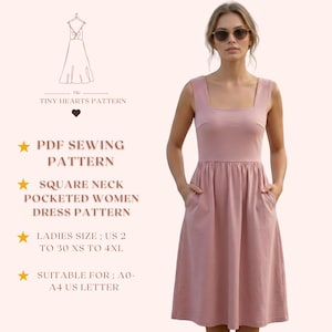 Square Neck Pocketed Women Dress Pattern, Women Sewing Patterns, Summer Dresses, Size:US2-30 | A0-A4-USLETTER |