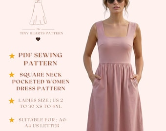 Patrón de vestido de mujer con escote cuadrado y bolsillos, Patrones de costura para mujer, Vestidos de verano, Tallas: US2-30 / A0-A4-USLETTER /