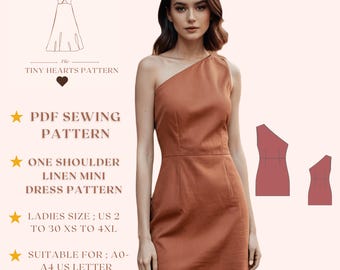 One Shoulder Linen Mini Dress Pattern, Women Dress Sewing Patterns, Size:US2-30 | A0-A4-USLETTER |