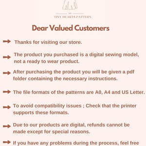 May include: A cream-colored graphic from "The Tiny Hearts Pattern" with text. The text says "Dear Valued Customers" and provides information about digital sewing patterns, including file formats and refund policies.