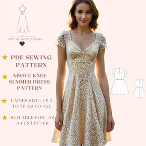 Patrón de vestido de verano por encima de la rodilla, vestido de fiesta, patrón de costura de vestido de verano, vestido de campo, patrón de costura de vestido de mujer A0 A4 Carta de EE. UU. US2 a 30