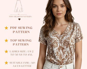 Top Sewing Pattern, Women Blouse Sewing Patterns, Girls V-Neck Tshirt, Size:US2-30 | A0-A4-USLETTER |
