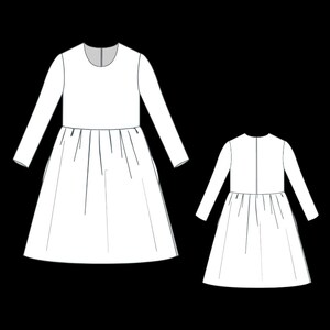 Puede incluir: Dibujo lineal de un vestido de manga larga con falda fruncida y cuello redondo. Se muestra una versi&oacute;n m&aacute;s peque&ntilde;a del vestido junto a la m&aacute;s grande, mostrando la vista trasera con una cremallera.