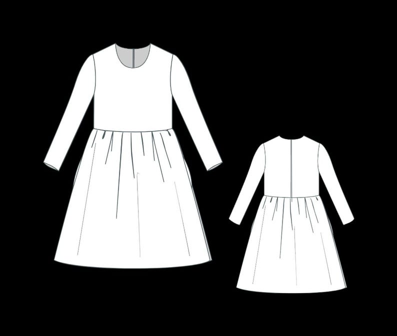 Puede incluir: Dibujo lineal de un vestido de manga larga con falda fruncida y cuello redondo. Se muestra una versi&oacute;n m&aacute;s peque&ntilde;a del vestido junto a la m&aacute;s grande, mostrando la vista trasera con una cremallera.