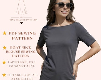 Boat Neck Blouse Sewing Pattern, Women Top Sewing Patterns, Girls Tshirt, Size:US2-30 | A0-A4-USLETTER |