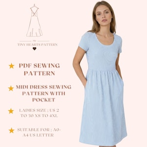 Patrón de costura para vestido midi con bolsillos, patrones de vestidos de lino para mujer, tallas: US2-30 PDF / A0-A4-USLETTER /