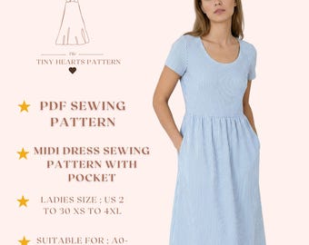 Midi Dress Sewing Pattern with Pockets, Women Linen Dress Patterns, Size:US2-30 PDF | A0-A4-USLETTER |