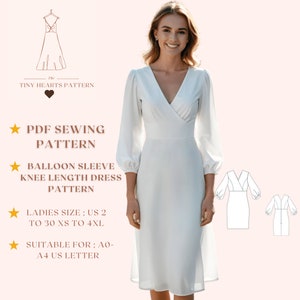Patrón de vestido hasta la rodilla con mangas abullonadas, patrón de costura de vestido midi, vestido de compromiso, patrón de costura de vestido de mujer A0 A4 Carta de EE. UU. - EE. UU. 2 a 30