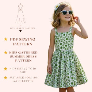 Kids Gathered Summer Dress Pattern, Girls Dress Sewing Patterns, Pinafore Dresses Size:2-16Age | A0-A4-USLETTER |