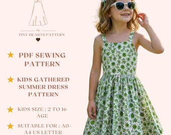 Patrón de vestido de verano fruncido para niñas, patrones de costura de vestidos para niñas, vestidos de peto Talla: 2-16 Edad / A0-A4-USLETTER /