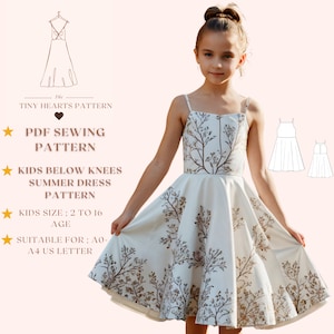 Patrón de vestido de verano para niños debajo de las rodillas, patrón de costura de vestido para niños PDF, vestido para niños, patrón de costura de vestido para niñas A0, A4, tamaño de carta de EE. UU. 2-16 años