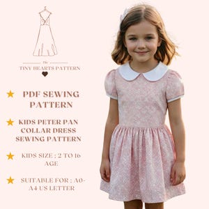 Patrón de costura para vestido de cuello Peter Pan para niñas, tallas: 2-16 años / A0-A4-USLETTER /