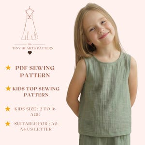 Mönster för barntopp, sömnadsmönster för flickblusar, baby-t-shirt, storlek: 2-16 år | A0-A4-USLETTER |