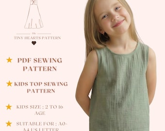 Kids Top Sewing Pattern, Girls Blouse Sewing Patterns, Baby T-Shirt, Size:2-16 Age | A0-A4-USLETTER |