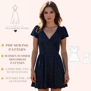 Patrón de minivestido de verano para mujer, patrón de costura de vestido para mujer, vestido con cuello en V, patrón de costura de vestido de verano, vestido de otoño A0 A4 Carta de EE. UU. - EE. UU. 2 a 30