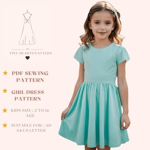 Patrón de vestido de niña, patrón de costura en PDF, patrón de vestido para niños, vestido para niños pequeños, vestido de niña de las flores, vestido de bebé A0, A4, letra de EE. UU., talla de niña de 2 a 16 años