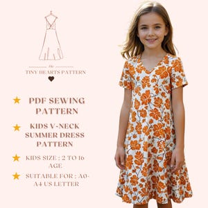 Patrón de vestido de verano con cuello en V para niñas, patrones de costura para vestidos de niñas, vestidos para bebés, tallas: 2-16 años / A0-A4-USLETTER /