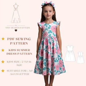 Patrón de vestido de verano para niños, patrón de costura de vestido para niños en PDF, patrón de vestido para niños, patrón de costura de vestido para niñas (A0, A4, carta de EE. UU.), talla de niña 2 a 16 años.