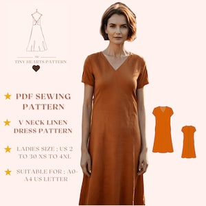 Patrón de vestido de lino con escote en V y bolsillo, patrón de costura de vestido de mujer, patrón de costura de vestido midi, patrón de vestido de otoño A0 A4 Carta de EE. UU. - EE. UU. 2 a 30