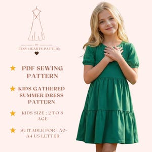 Kids Gathered Summer Dress Pattern, Girls Dress Sewing Patterns, Toddler Dresses, Size:2-8Age | A0-A4-USLETTER |