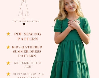 Patrón de vestido de verano fruncido para niñas, Patrones de costura de vestidos para niñas, Vestidos para bebés, Talla: 2-8 años / A0-A4-USLETTER /