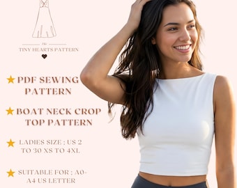 Boat Neck Crop Top Pattern, Women Top Sewing Patterns, Girls Blouse, Size:US2-30 | A0-A4-USLETTER |