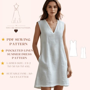 Padrão de vestido de verão de linho com bolsos, padrão de vestido de outono, padrão de vestido de linho, vestido de primavera, padrões de costura para mulheres A0 A4 Carta dos EUA - EUA 2 a 30