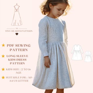 Patrón de vestido de manga larga para niños con bolsillo / Patrón de costura en PDF para niños / Patrón de costura de vestido para niñas / A0 A4 Carta de EE. UU. - Talla de niña de 2 a 16 años