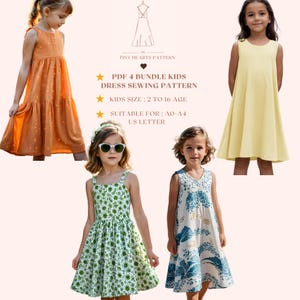 Patrón de costura para vestidos infantiles (PDF, 4 unidades), conjunto de 4 patrones para vestidos de niña, patrón para vestidos de bebé, vestido de verano para niñas (tamaño A0, A4, carta de EE. UU.), talla de niña 2-16 años