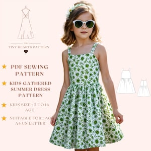 Patrón de vestido de verano fruncido para niños, patrón de costura en PDF, patrón de vestido con delantal tipo pechera, patrón de costura de vestido de niña A0 A4 tamaño carta de EE. UU. 2-16 años
