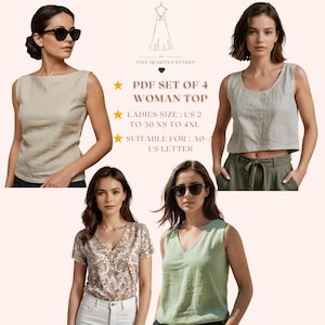 Conjunto de 4 padrões de costura | Padrão de costura feminina | Padrão de camiseta | Padrão de costura de blusa | | Padrão de costura em PDF A0 A4 Carta EUA EUA 2 a 30