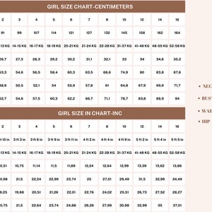 May include: A girl's size chart in centimeters and inches, with measurements for age, height, weight, neck, bust, waist, and hips. A cartoon girl is shown with labeled body parts for measurement.