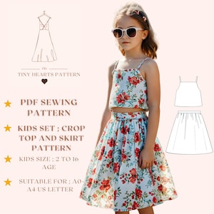 Patrón de falda y top corto para niños en formato PDF, patrón de costura de vestido para niños, conjunto para niños, falda para niños, top corto para niños, talla A0, A4, carta de EE. UU., talla de niña de 2 a 16 años