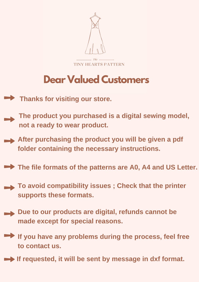 May include: Cream-colored graphic with text from "The Tiny Hearts Pattern". The text reads "Dear Valued Customers" followed by a list of customer service information regarding digital sewing patterns, including file formats and refund policies.
