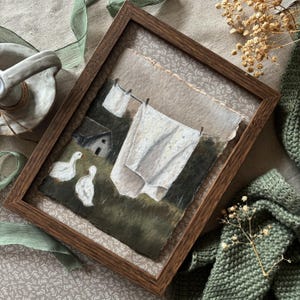 Dipinto a olio originale su carta fatta a mano – Paesaggio vintage da parete con oca – Decorazione rustica in stile country con cornice in stile antico