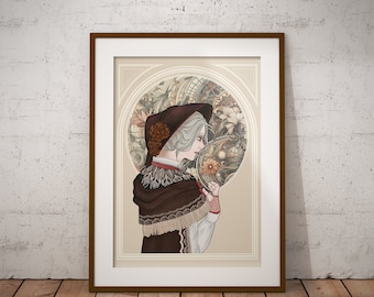 Poster in stile Art Nouveau, Bloodborne "The Doll", soulslike, wallprint