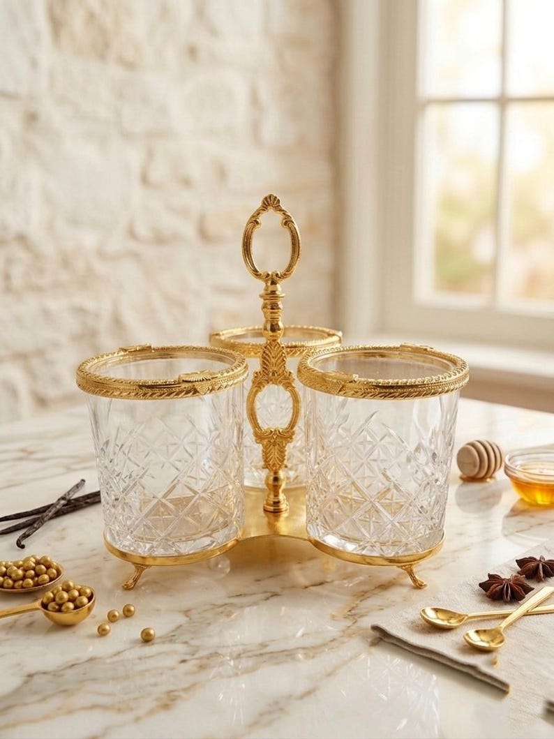 May include: A three-section serving dish with a gold-colored metal frame and handle. The clear glass containers have a diamond pattern and gold trim. The dish sits on a marble surface with small gold spoons and other serving items.