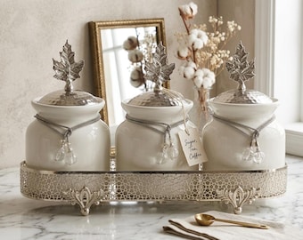 Luxury Kitchen Canister Set, Silver Gold Ceramic Storage Jars, Tea Coffee Sugar Containers, 3 Piece Decorative Countertop Organizer
