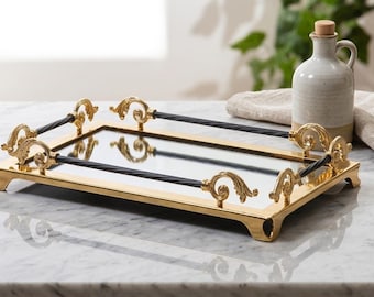 Vassoio decorativo in oro e argento con specchio, pouf, vassoio da trucco, decorazione di lusso per tavolino da caffè.