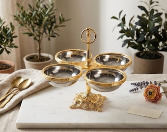 Antique Snack Bowl Set, Multi Compartment Serving Dish, Silver Gold Nut Holder, Elegant Luxury Candy Bowl, Housewarming Wedding Gift