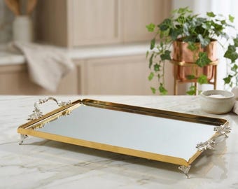 Vassoio da portata in acciaio inox color oro, piatto decorativo in metallo inciso, vassoio da tavolino in stile antico, regalo di lusso per l'inaugurazione della casa.