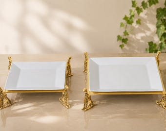 Juego de 2 bandejas de porcelana con estampado de leopardo, bandeja para servir con huellas de guepardo doradas, tabla de quesos de lujo, platos elegantes para aperitivos, ideas para regalos de inauguración de casa