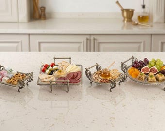 Square Glass Serving Tray, Antique Gold Metal Frame, Ottoman Style Platter