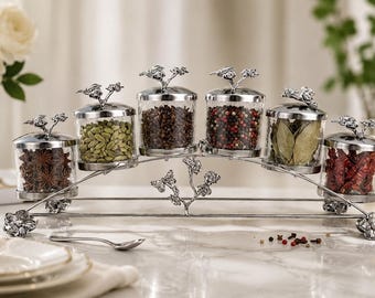 Luxury 6pc Spice Jar Set with Stand, Gold & Silver Glass Canister Organizer, Countertop Sugar Tea Coffee Containers, Housewarming Gift