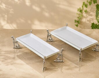 Juego de 2 bandejas de porcelana con estampado de leopardo, bandeja para servir con huellas de guepardo doradas, tabla de quesos de lujo, platos elegantes para aperitivos, ideas para regalos de inauguración de casa