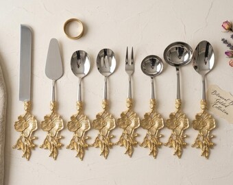 8 Piece Gold Floral Serving Utensil Set, Stainless Steel Kitchen Serving Set, Luxury Dining Table Decor, Wedding & Housewarming Gift