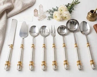 Juego de servir de bambú dorado de 8 piezas, juego moderno de cuchillos para servir pasteles, regalo de boda de lujo, decoración de mesa minimalista, cubiertos de acero inoxidable.