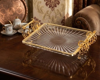 Square Glass Serving Tray with Metal Frame, Ottoman Coffee Platter with Handles, Luxury Home Decor, Housewarming Gift, Silver Gold Antique