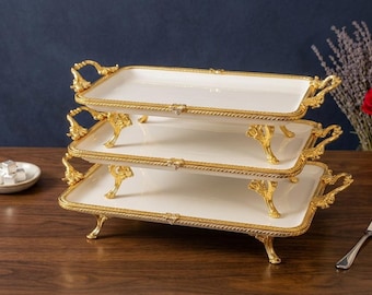 Vintage Style Footed Ceramic Serving Tray with Antique, Silver & Gold Accents – Elegant Presentation Plate for Dining Table Decor
