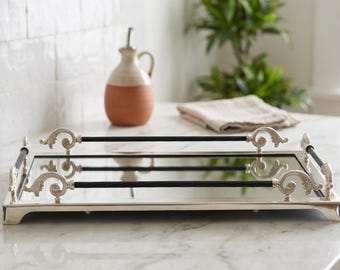 Vassoio decorativo in oro e argento con specchio, pouf, vassoio da trucco, decorazione di lusso per tavolino da caffè.